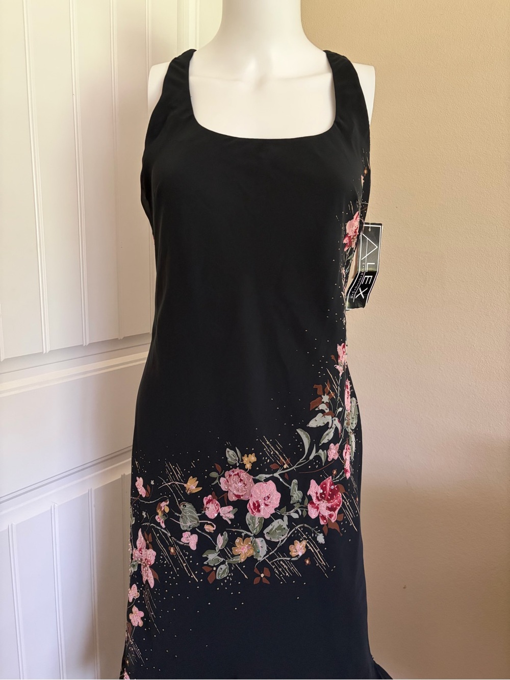 Vintage 90s Y2K Designer Elegant Black Beaded Floral Ruffle Maxi Dress